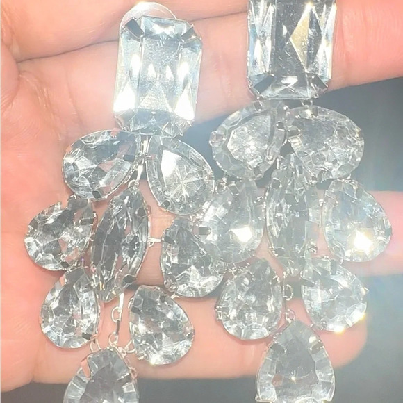 NEW-Silver Crystal Statement Dangle Earrings - Picture 4 of 5